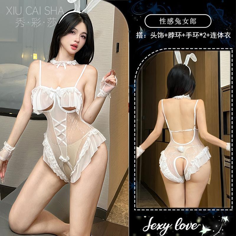 Sex lingerie sexy breasts cute playful bunny uniform temptation open lace onesie hair