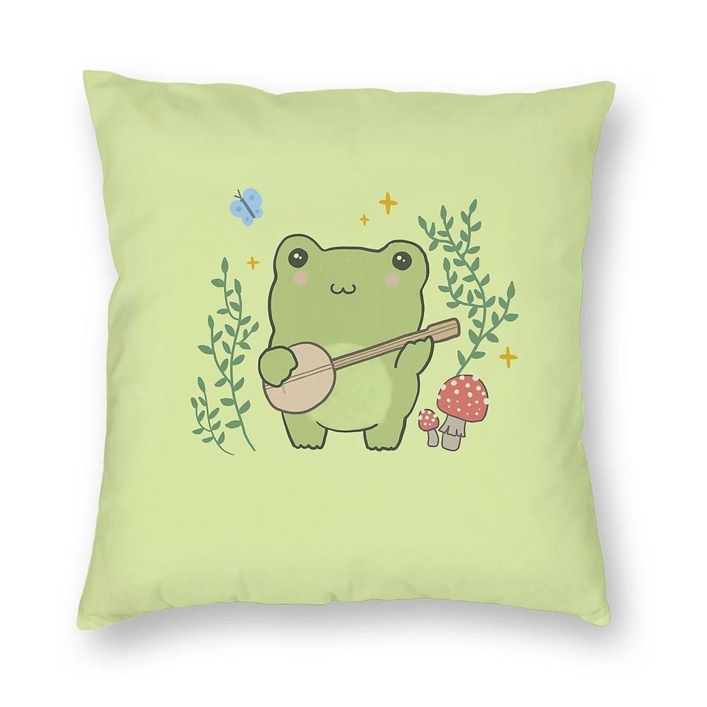 Kawaii Frog Playing Banjo Square Pillowcase Polyester Linen Velvet Pattern Zip Decor Throw Pillow Case Sofa Cushion Cover