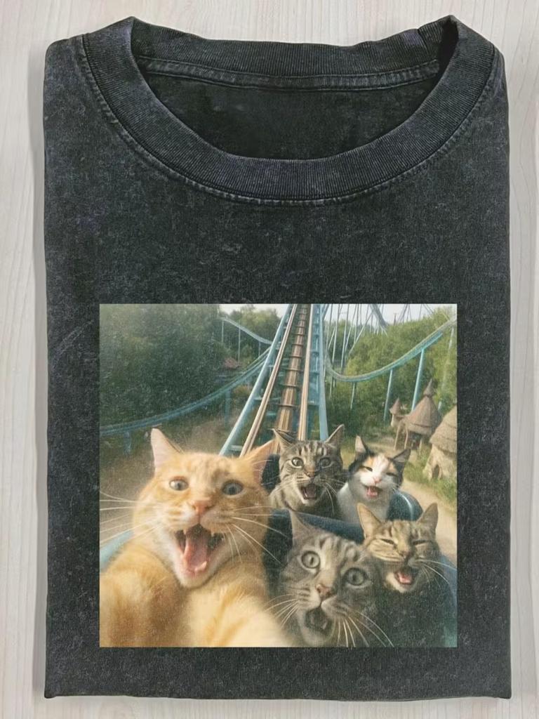 Retrocraft Round Neck Unisex T-shirt Fun Retro Roller Coaster Pattern, Basic Short Sleeve, Distresse