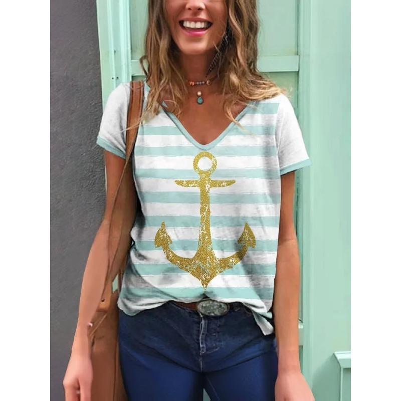 Полосатая графическая 3D футболка женская летняя с V-образным вырезом и коротким рукавом, праздничная повседневная футболка, женская уличная одежда, футболка оверсайз
