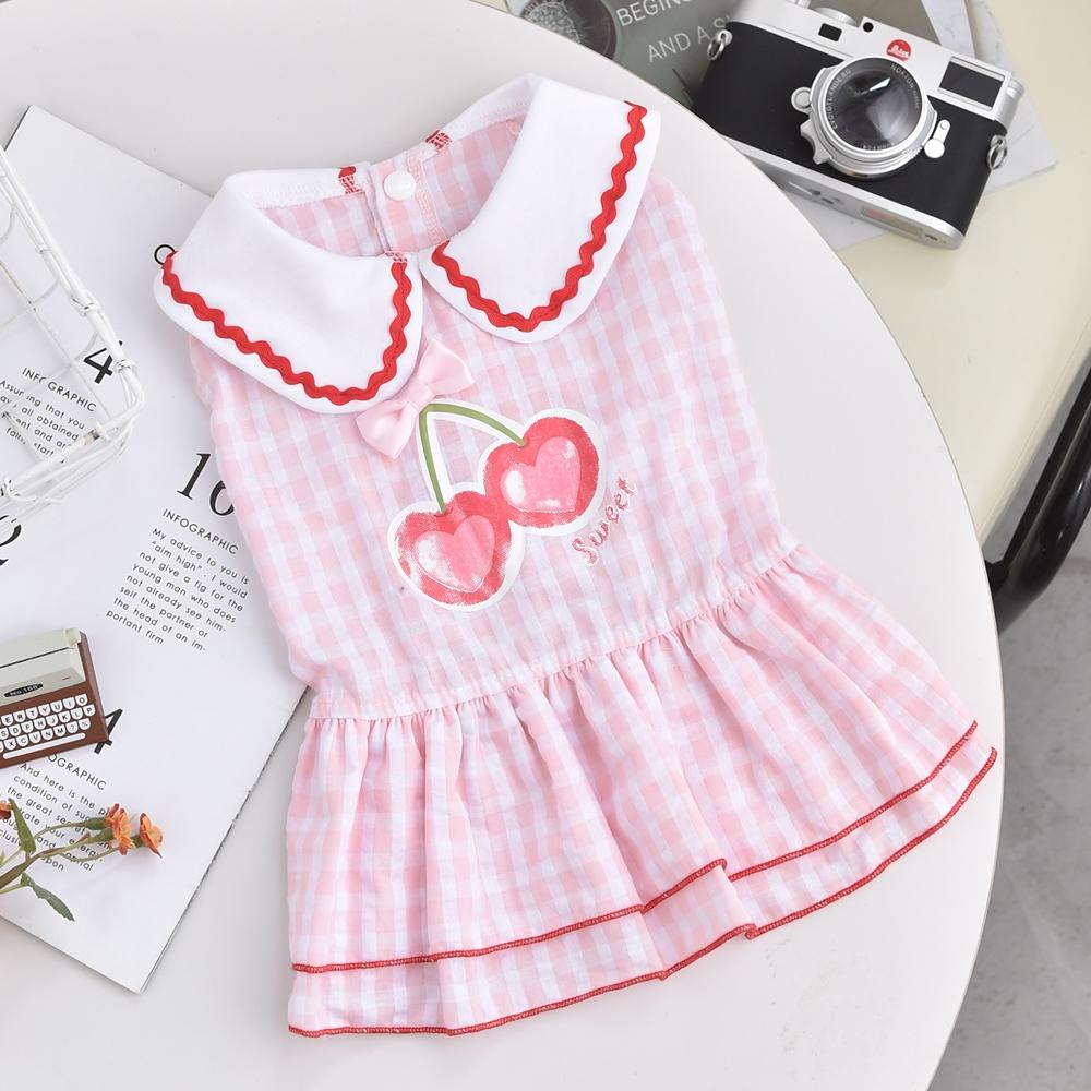 Cherry Plaid Pet Dresses For Small Medium Dogs Corgi French Bulldog Tutu Skirt Summer Suit For Cat Chihuahua Girl Boy Accessory
