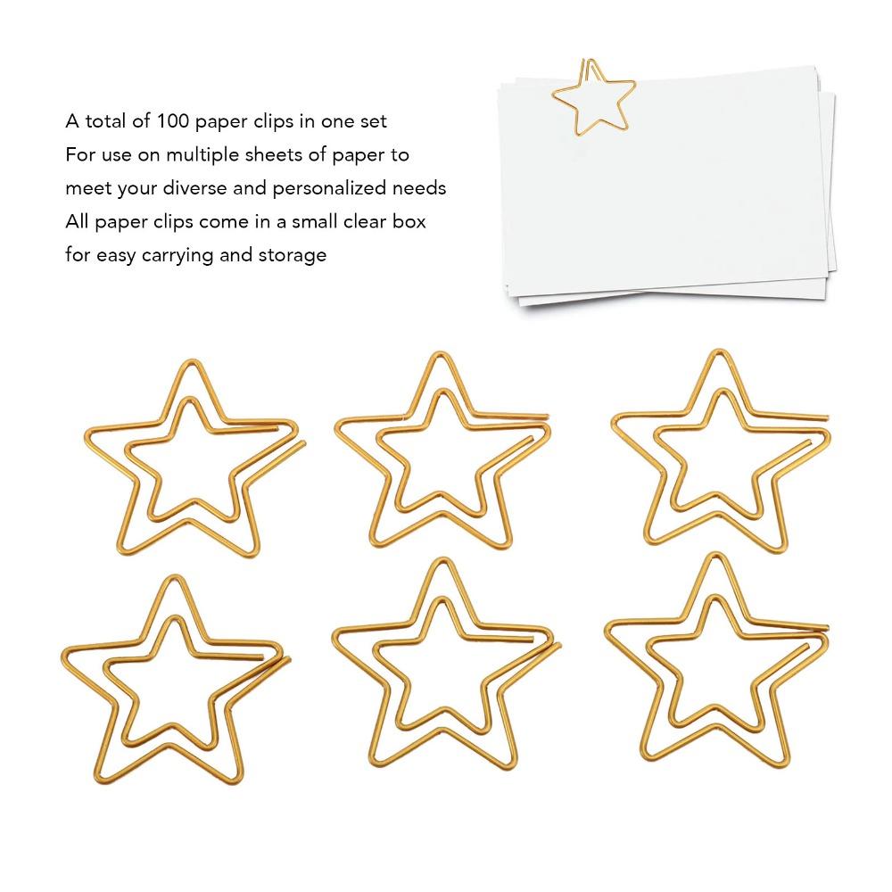100PCS Gold Color Cute Paper Clips Star Shaped Metal Paper Clips Decorative Paper Clips  Home
