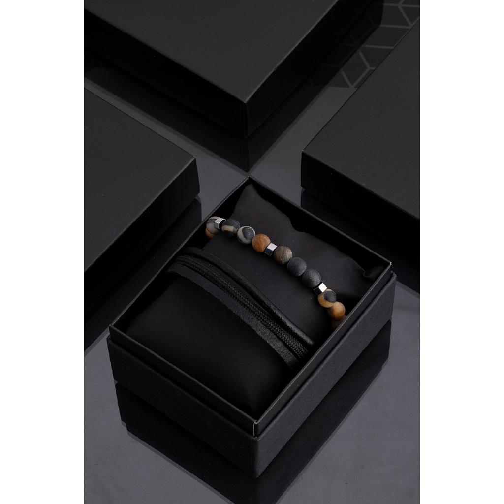 Мужской комбинированный браслет из черной натуральной кожи и гематита из натурального камня 001