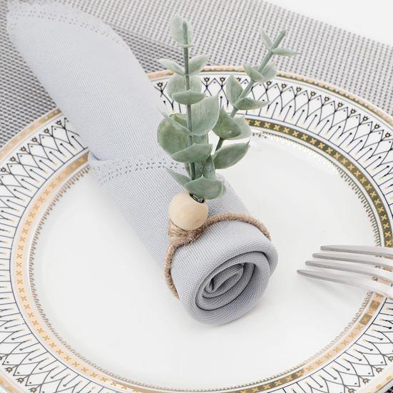 Artificial Eucalyptus Leaf Napkin Ring Farmhouse Rustic Jute Rope Wooden Bead Dinner Napkin Holder Birthday Wedding Party Dining Table Decoration