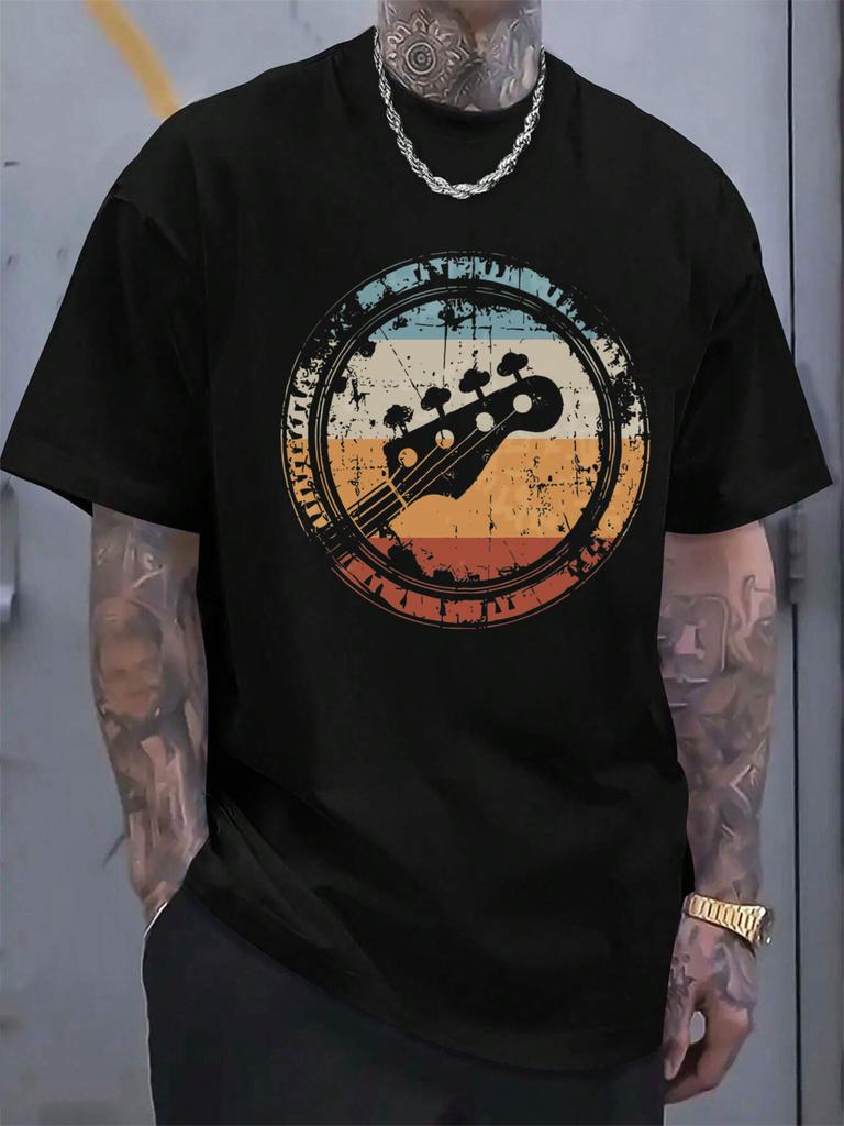 Men's Heavyweight 180gsm Cotton T-Shirt - Vintage Music Graphic Tee with Guitar & Vinyl Record Design
