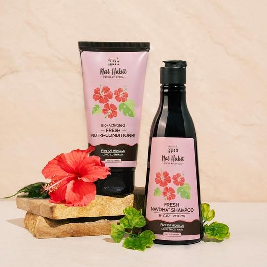 Nat Habit Five Oil Hibiscus Shampoo and Conditioner Combo for Women & Men Hair Fall Control, 72 Hr Frizz Control