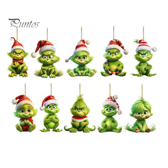 10Pcs Christmas Tree Decorations Acrylic Cute Green Elf Doll Pendants Festive Hanging Ornaments for Car Window Wall