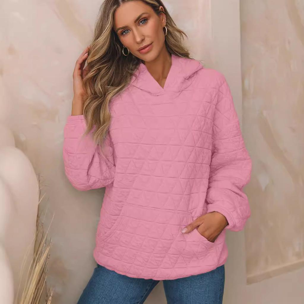 Autumn Solid Color Women's Hooded Sweatshirt Casual Wind Pocket Quilted Long Sleeve Top