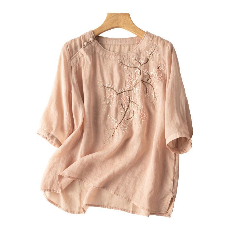 Летний топ с круглым вырезом, средним рукавом, вышивкой, шикарный, литературный, ретро, свободный, темпераментный, из хлопка и льна, новая футболка
