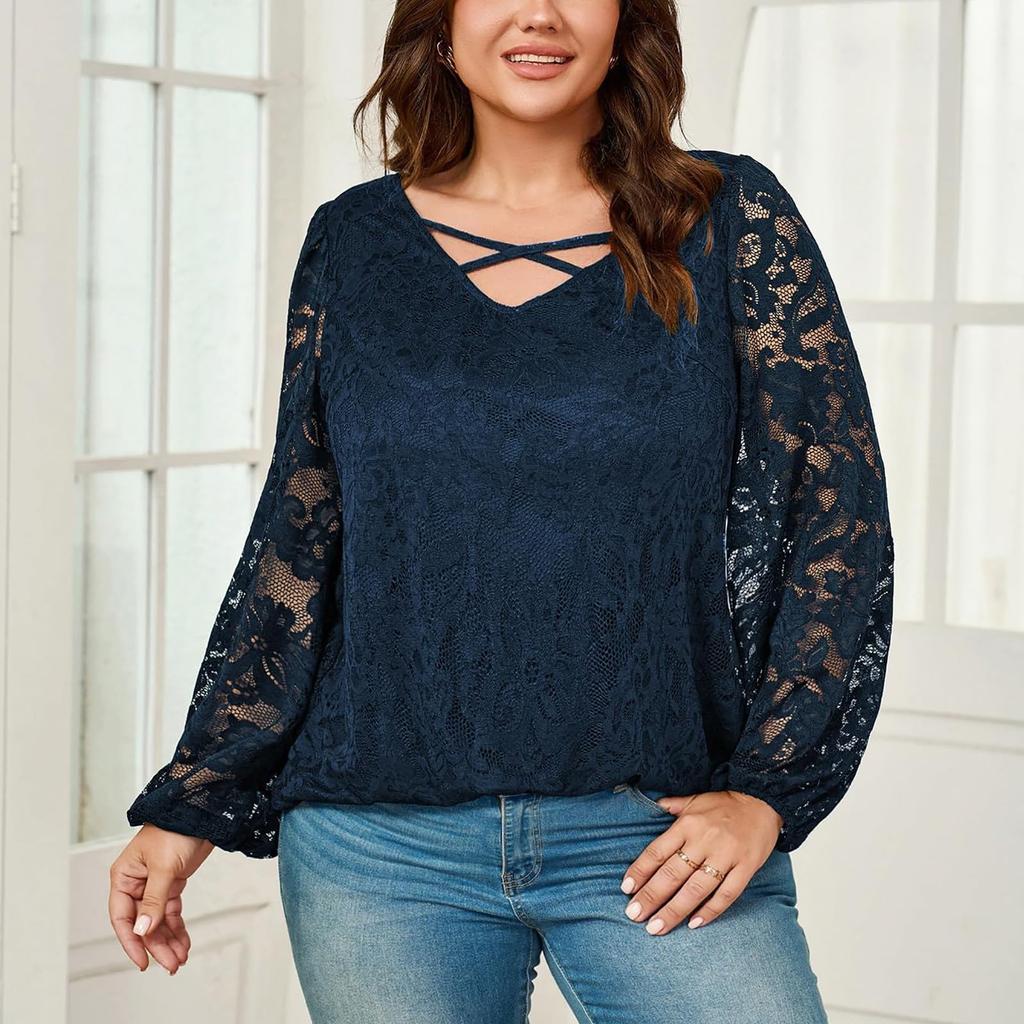 Женская мода однотонный крест V-образный вырез с длинными рукавами кружевной универсальный топ больших размеров