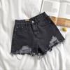 Summer Women Denim Shorts High Waist A-line Solid Color Ripped Button Zipper Closure Retro Pockets Slim