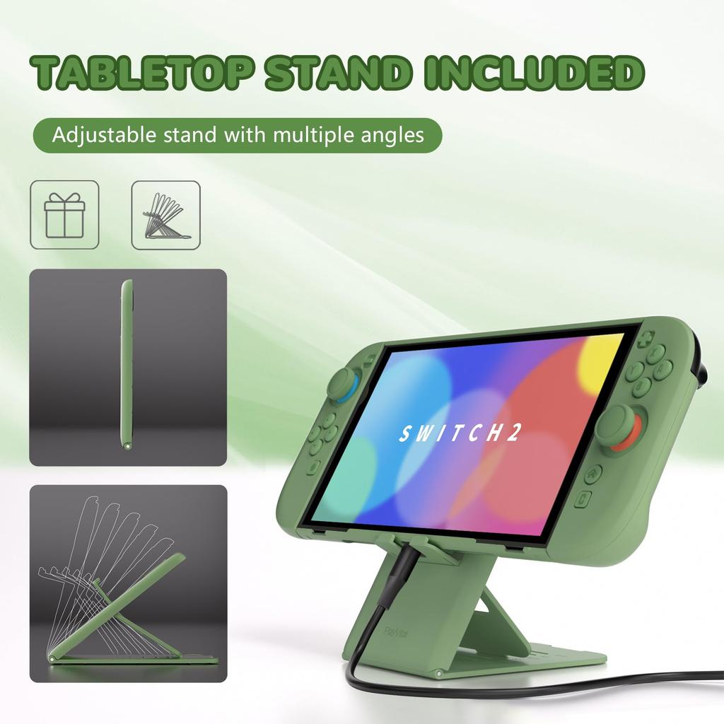 PlayVital Жесткий защитный чехол для док-станции Nintendo Switch 2 Складная подставка Накладки на стики Цвет: Матовый зеленый (2025), Совместимый, и –
