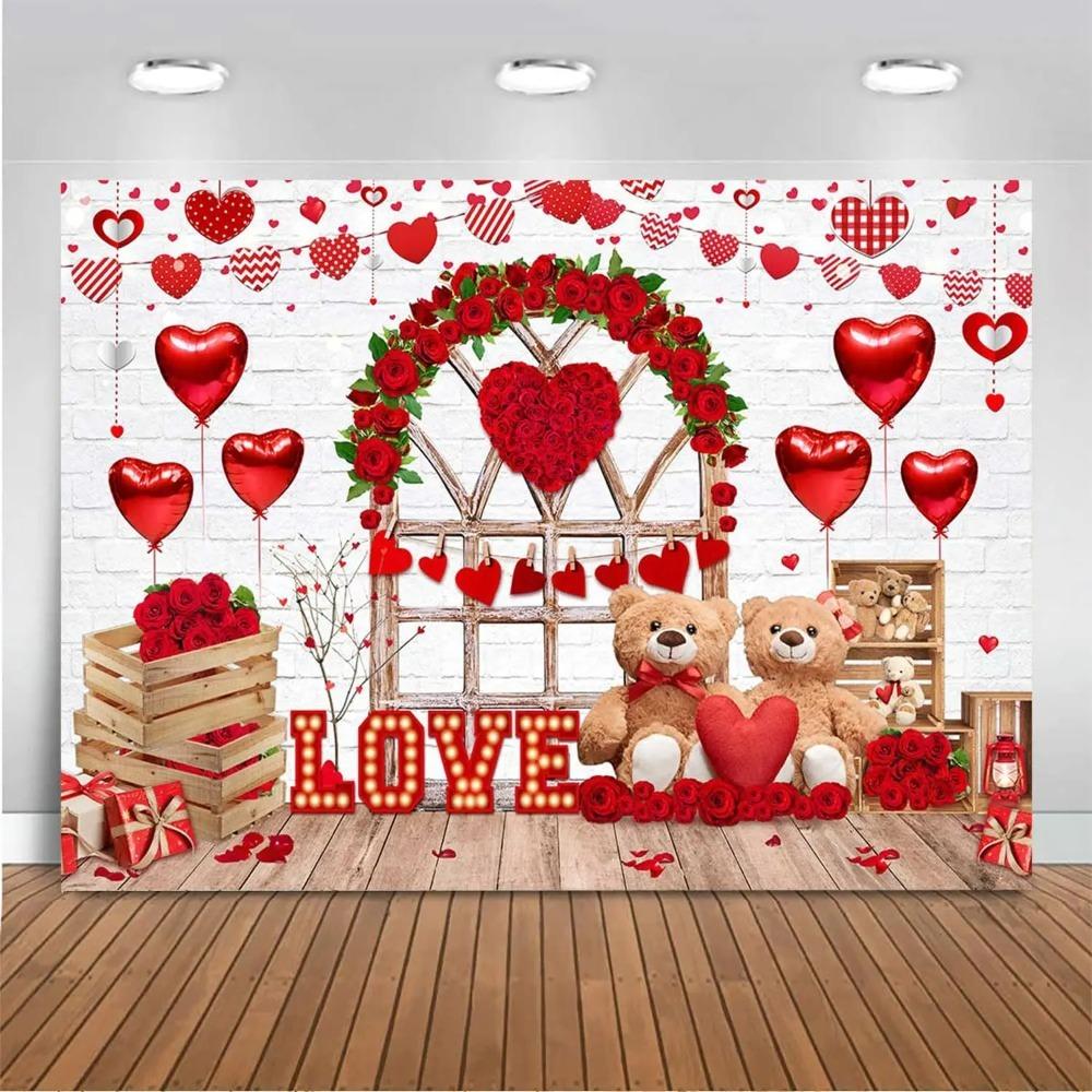 Valentine's Day Red Rose Brick Wall Wooden Door Theme Banner Backdrop Romantic Valentine's Day Decoration Photography Backdrop