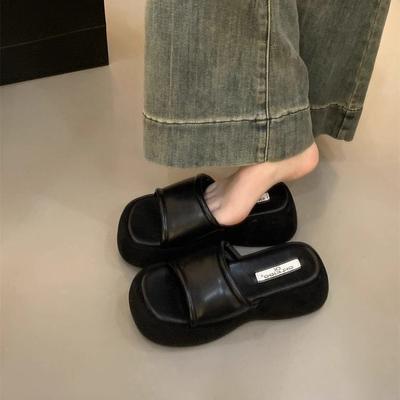 Женские летние сандалии 2025 новые однословные шлепанцы на толстой подошве и высоком каблуке с круглым носком и открытым носком, сандалии на мягкой подошве, удобные