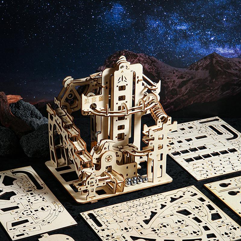 1 Set Marble Run Kit 3D Wooden Puzzles Electric Catapult Track Device Mechanical Model Science Maze Assembly Gift For Kids