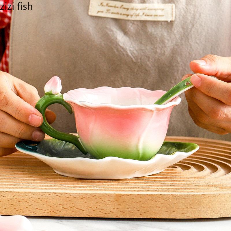 Rose Ceramic Mug Porcelain Mug Simulated Flower Shape Tea Set Petaled Teapot Butterfly Bud Cup Coffee Cups Cups and Mugs Set