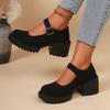 Mary Jane Women's Shoes High Heels Women's Spring New One-word Buckle Round Head Thick Sole Thick Heel Large Size Single Shoes