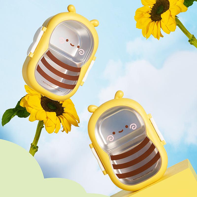 Lunch Box Cute Bee Shape Bento Box Leak-Proof Double Compartment Outdoor Camping Picnic Food