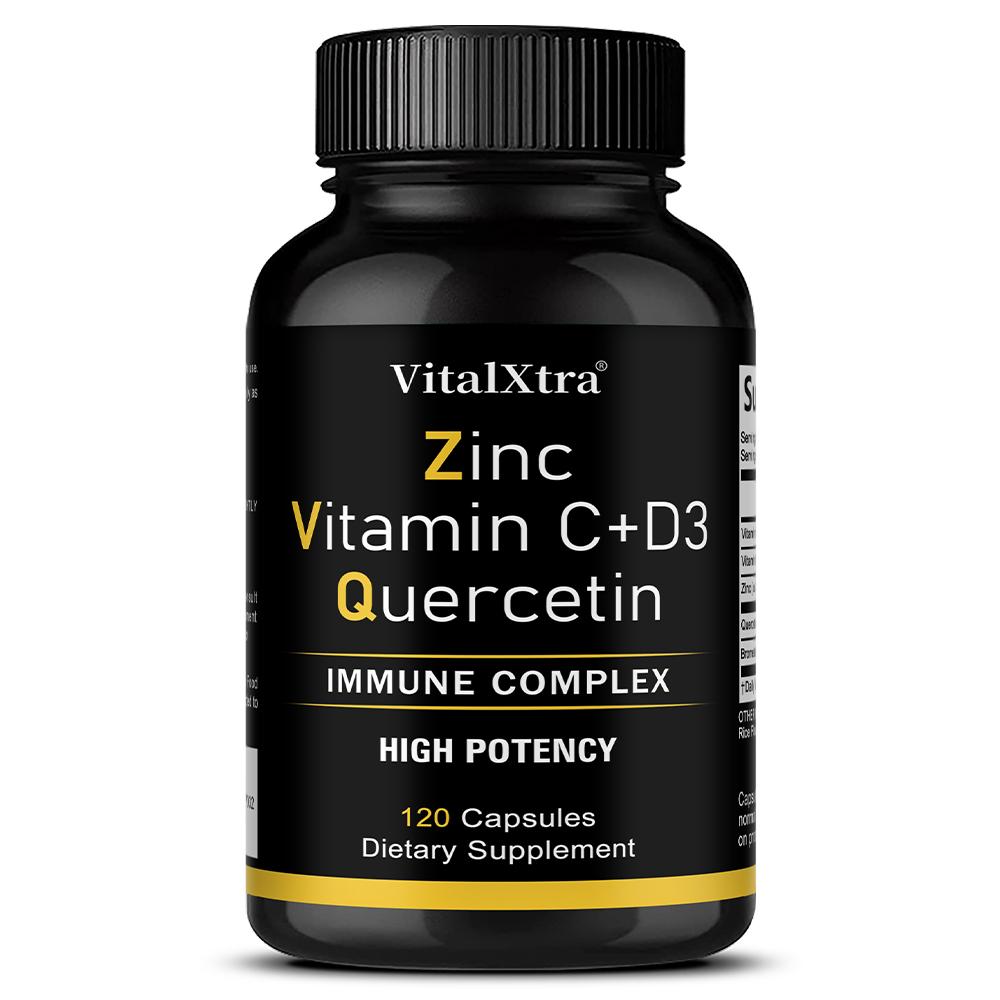 Zinc Quercetin 500 mg, containing Vitamin C, D3 and bromelain, 120 capsules, vegan formula.