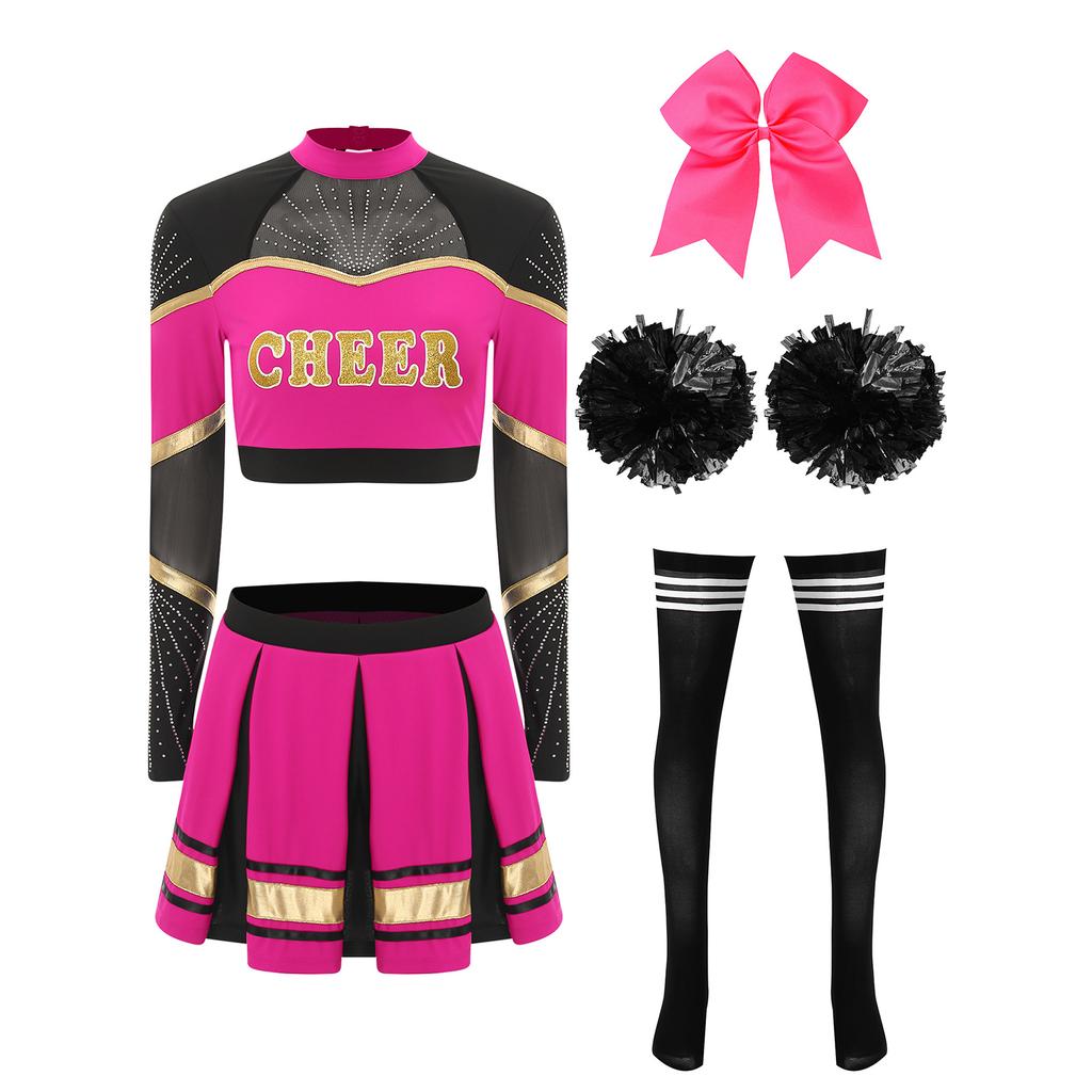 Women Cheerleading Performance Dance Outfit Long Sleeve Mock Neck Rhinestones Crop Top Pleated Skirt Hair Tie Set