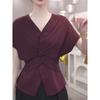 Женская футболка с коротким рукавом, летняя новинка, корейская, приталенная, плиссированная, с V-образным вырезом, темпераментная, универсальная, с открытыми плечами, однотонный топ
