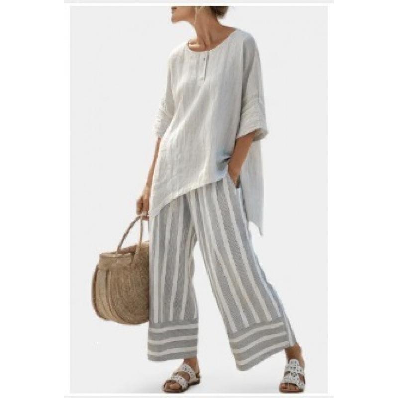 Printed short-sleeved shirt trousers set Comfortable casual loose round neck top High waist trousers two-piece set