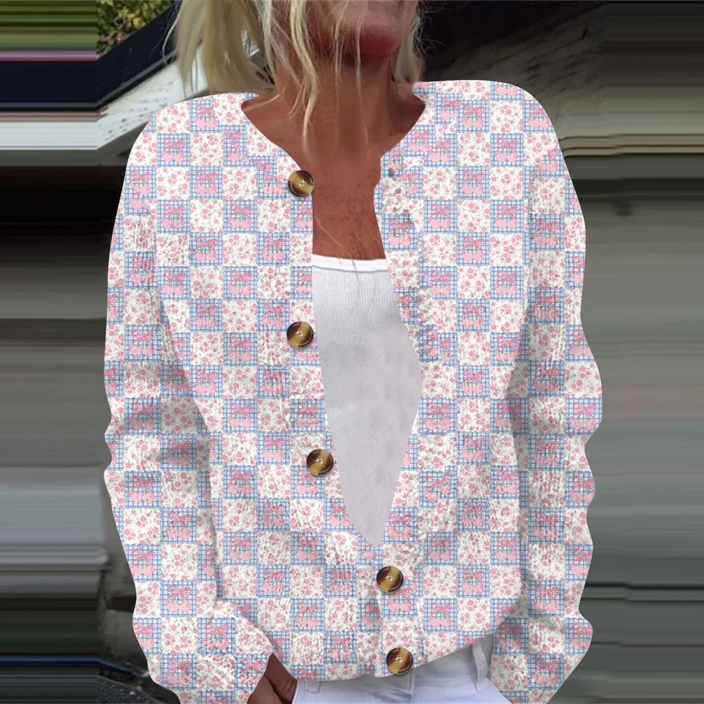 Женская мода с принтом банта, длинный рукав, вязаный кардиган, куртка на пуговицах