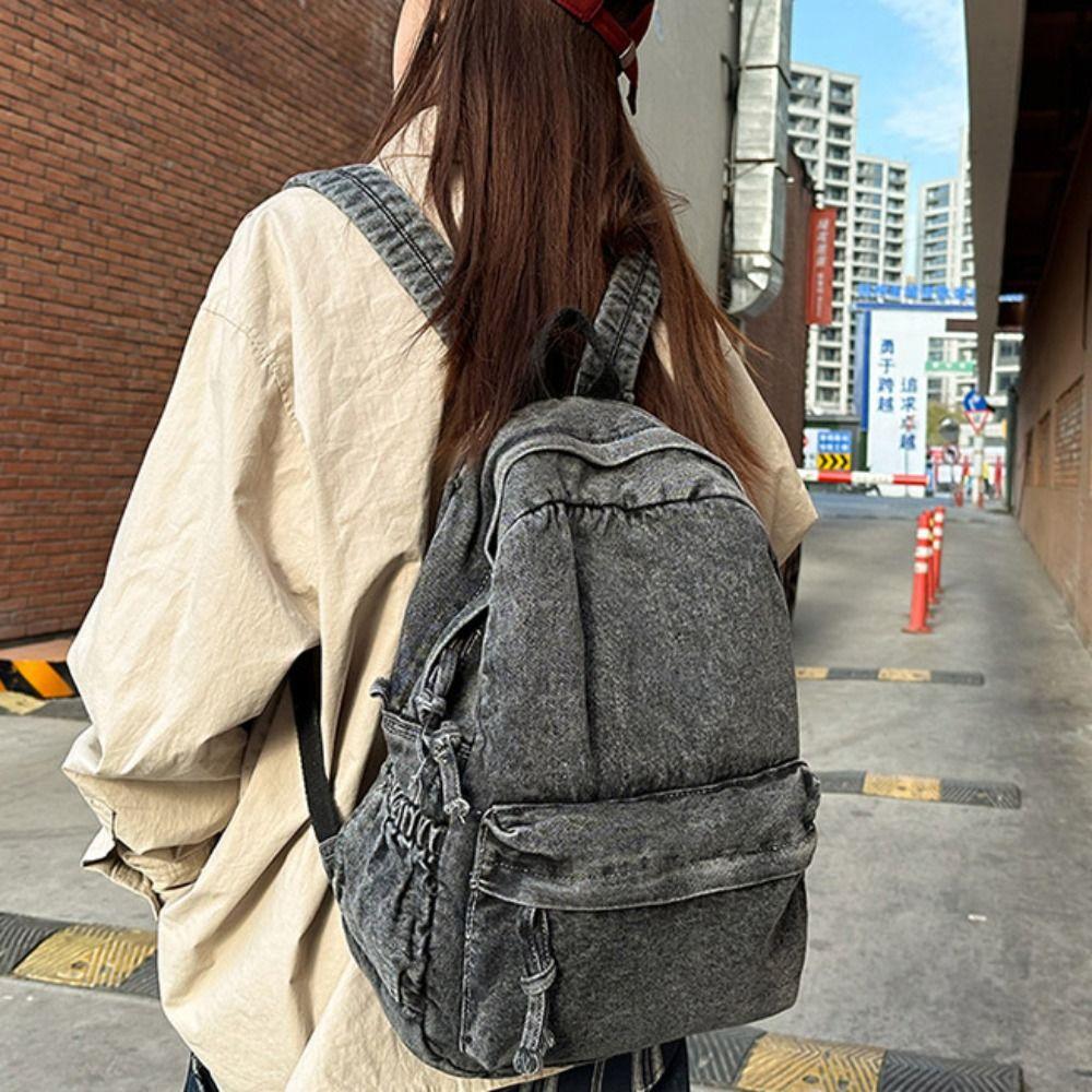 Japanese Style Denim Backpack Street Style Solid Crossbody Bag Portable Vintage Handbag Travel