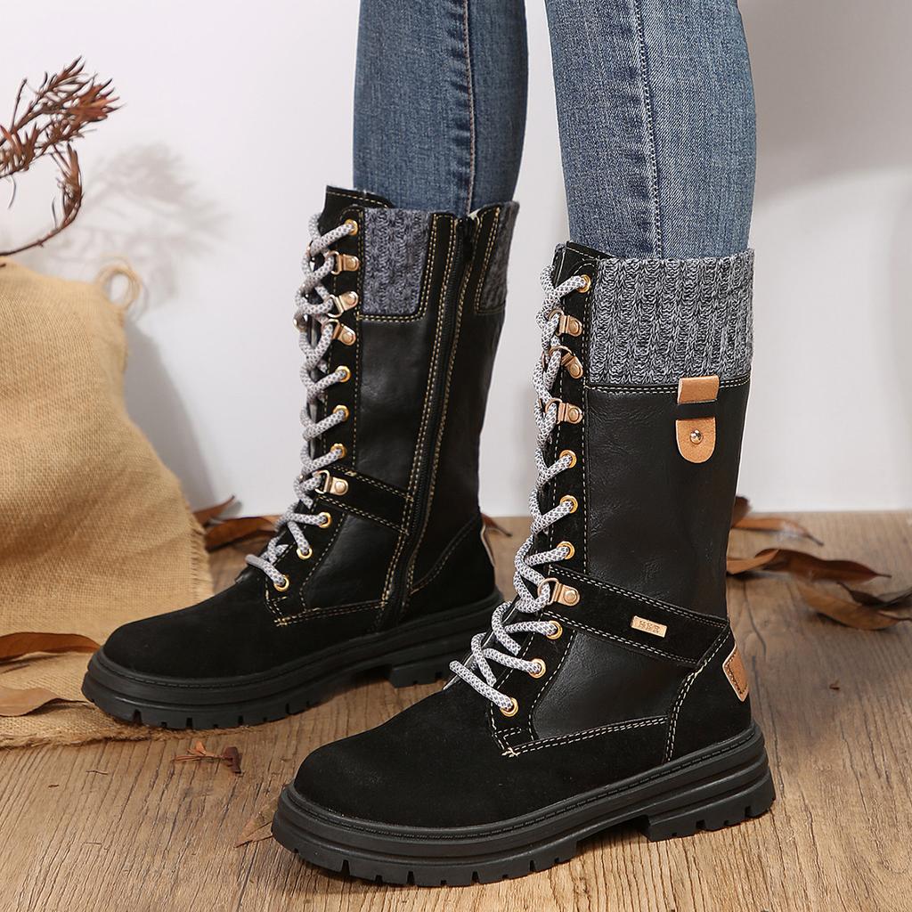Women's Ankle Booties Winter Lace Up Elastic Mid Calf Military Combat Boots With Zipper Chunky Platform Lug Sole Booties for Women Fall Winter Shoes