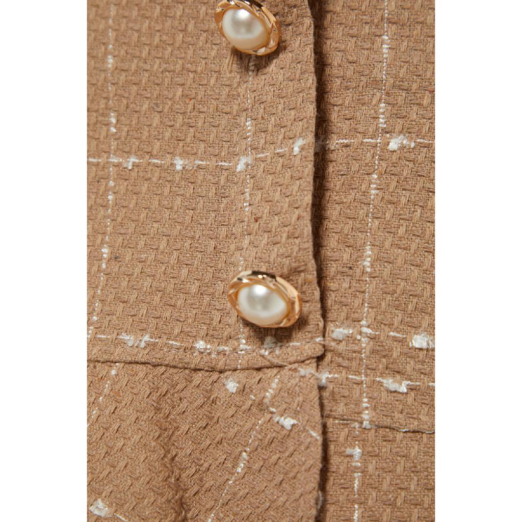 Burgundy Buttoned Tweed Fabric Mini Woven Skirt With Flounce Hem Twoaw22et0155