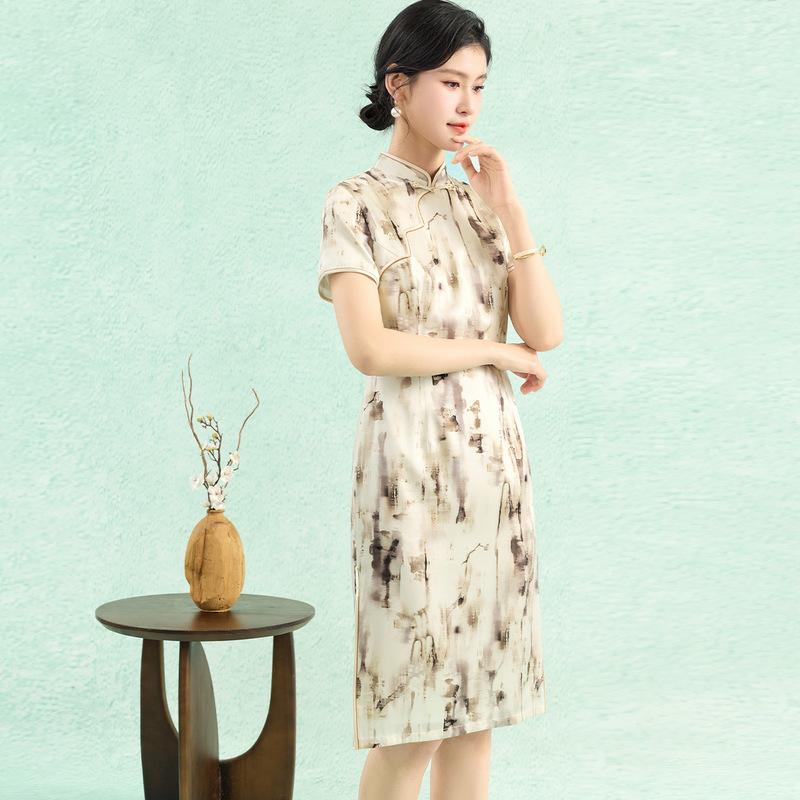Flag Opening Victory 19mm Mulberry Silk Cheongsam [Abstract Splash Ink Pattern] Elegant and Elegant Straight Tube Dress