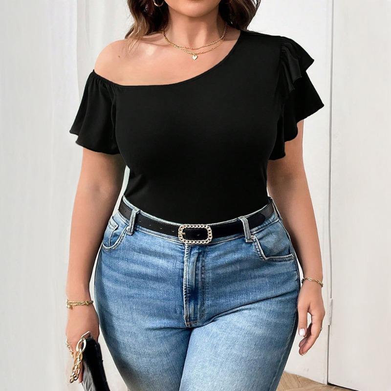 Женский черный асимметричный повседневный топ с открытыми плечами, оборками и короткими рукавами