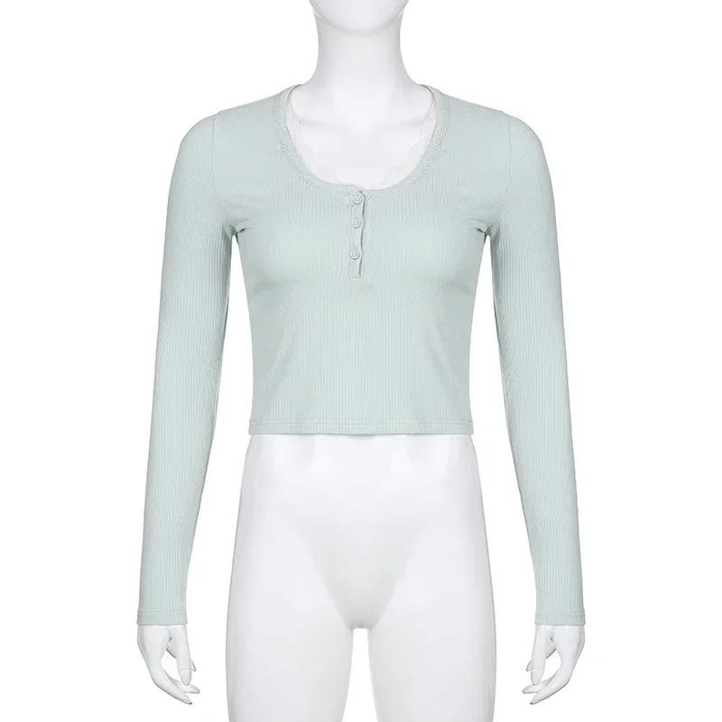 Y2K Lace Trim Patchwork Button Knitted Crop Top Cute Long Sleeve V Neck T-Shirt Korean Chic Harajuku Pullovers Autumn Winter New