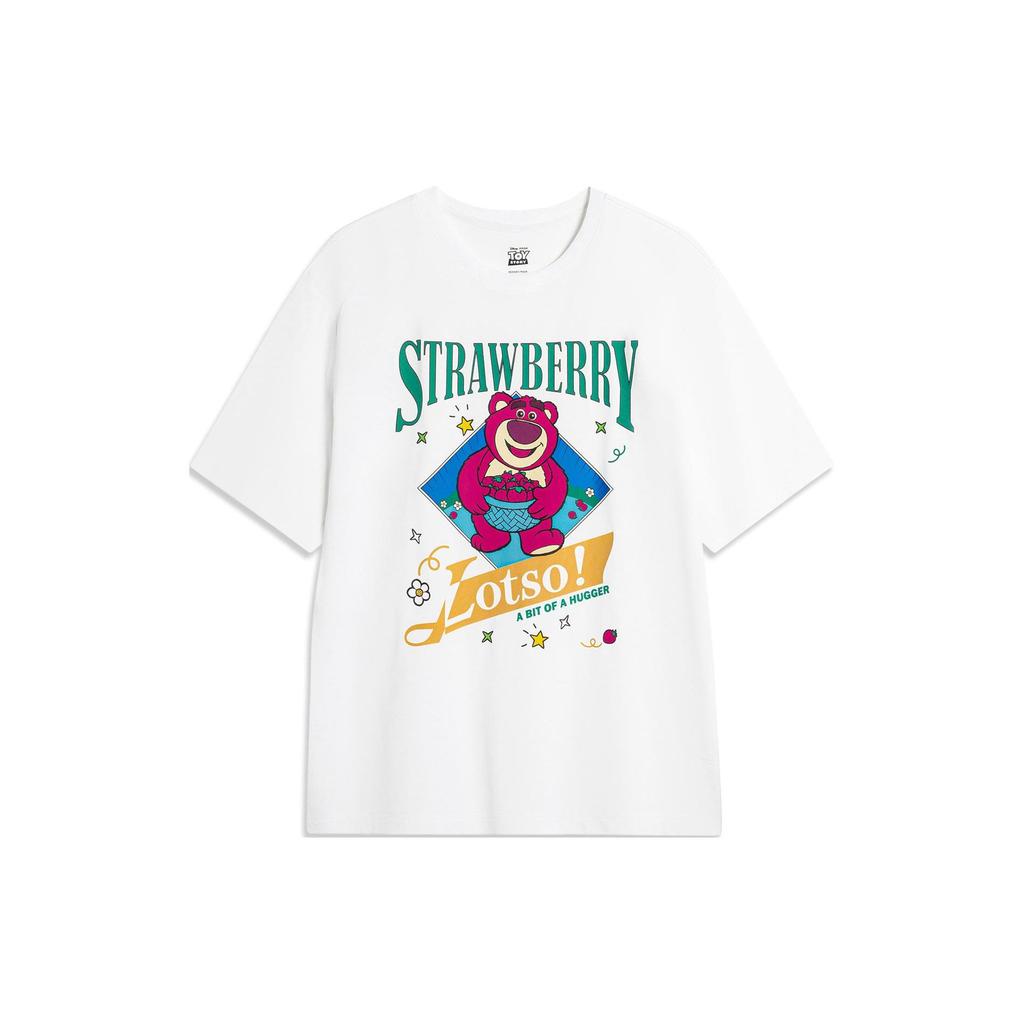 Lining X Disney Strawberry Bear Co-Branded Series Cartoon Print Round Neck Short-Sleeve Drop Shoulder T-Shirt Unisex Tops White AHSU663-1