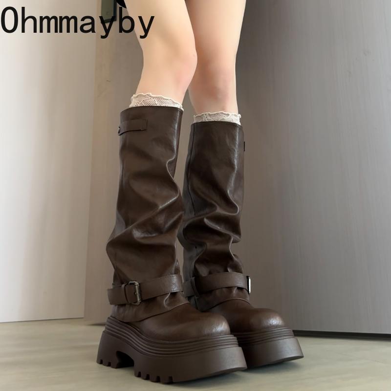 Autumn Winter Vintage Thick Bottom Woman Knight Boots Fashion Belt Buckle Shoes Female Height Increase Slip On Long Booties