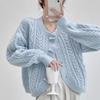 Horn Button Cable Knit Cardigan Autumn Winter Coat Short Lazy Round Neck Loose Sweater Top