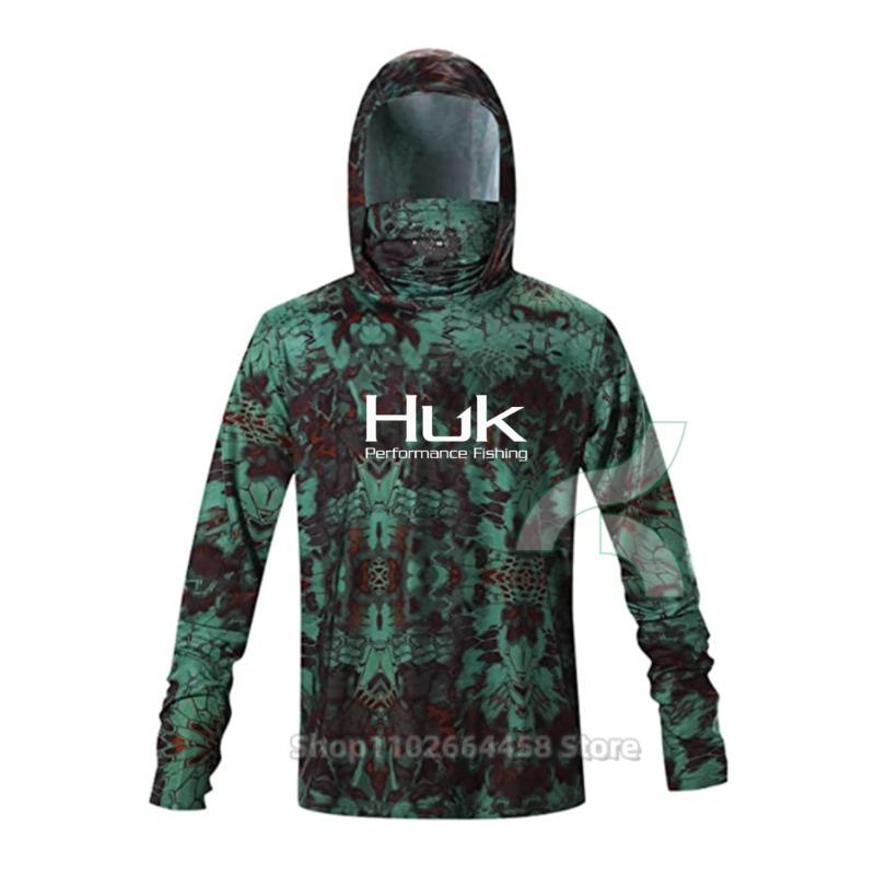 Рыболовные рубашки HUK с защитой от УФ 50+ Маска для лица Длинный рукав Летние футболки для защиты от солнца Мужская одежда с капюшоном и защитой лица Рыболовная одежда