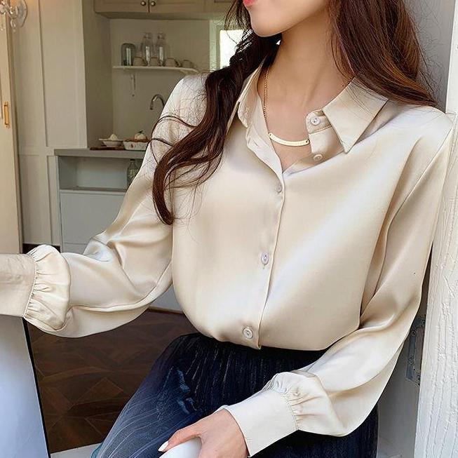 Женские шелковые рубашки с v-образным вырезом, однотонные топы, женские весенние модные атласные блузки с длинными рукавами, винтажный топ на пуговицах