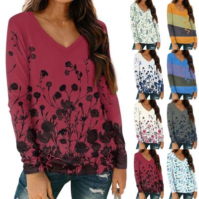 Женская мода повседневная блузка с длинным рукавом и цветочным принтом, V-образным вырезом и карманами