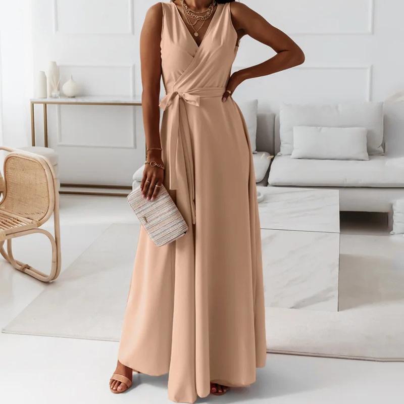 2025 Летнее Вечернее Длинное Платье на Шнуровке Однотонное с V-образным Вырезом