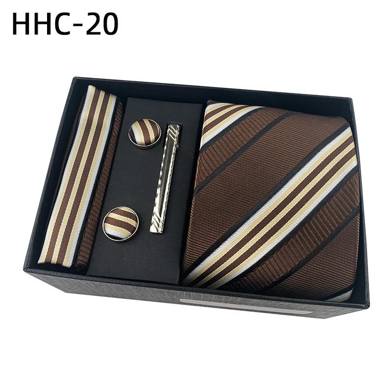 Men'S Striped Flower Plaid Tie Square Towel Cuffs Tie Clip Gift Box Set Business Casual Tie Black