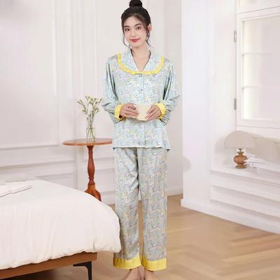Весна и осень, новые пижамы из ледяного шелка, женские, высококачественные, тонкие, искусственный шелк, с длинными рукавами, с принтом, домашняя одежда, костюм с лацканами