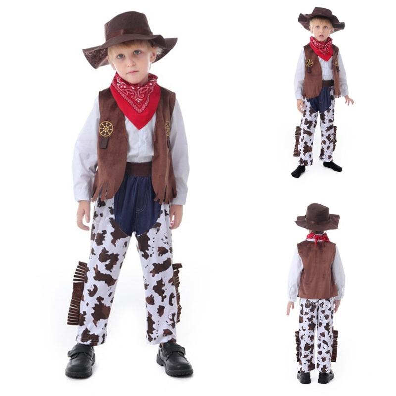 5Pcs Western Cowboy Costumes Cowboy Vest Bandana Shirt Pants Cap Halloween Fancy Dress Accessories Western Outfits