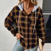 Autumn Winter Women Hoodie Coat Plaid Solid Color Stitching Hooded Drawstring Patch Pocket Long Sleeve Single Breasted Sweatshirt Jacket