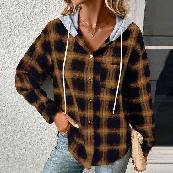 Autumn Winter Women Hoodie Coat Plaid Solid Color Stitching Hooded Drawstring Patch Pocket Long Sleeve Single Breasted Sweatshirt Jacket