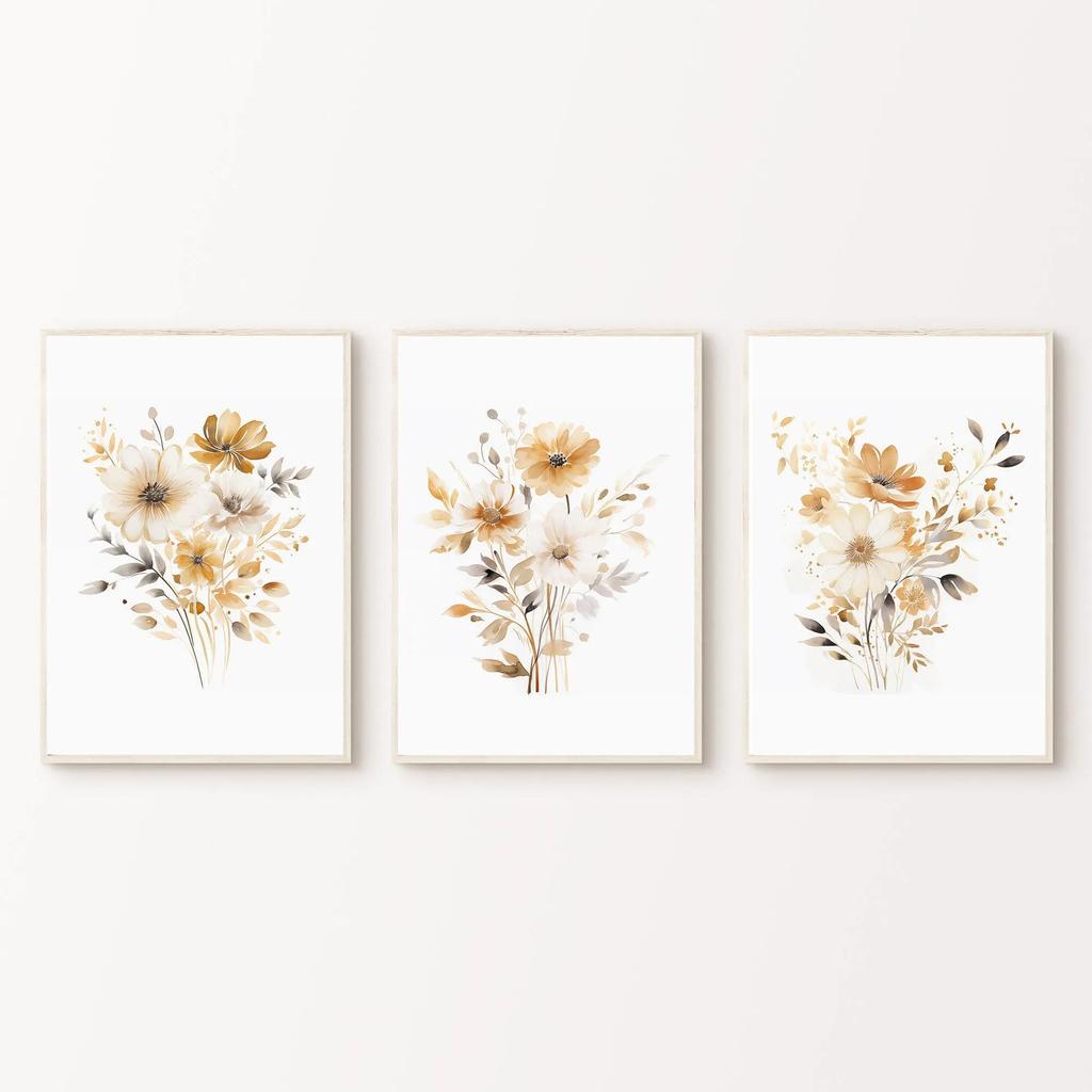 Set of 3 Neutral Watercolor Wildflower Prints / Boho Minimalist Wall Decor / Printable Botanical Wall Art /Branch Prints poster