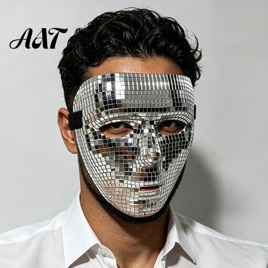 Comfortable Mirror Mosaic Mask Halloween Disco Ball Mask, Breathable Masquerade, Sparkling Gold Glitter Party Costume for Dance Performance,
