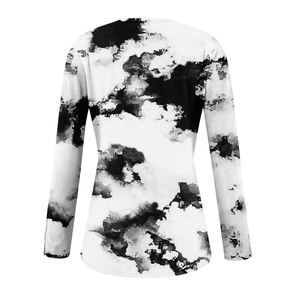 Women's T-shirt Fashion Casual Printed U Collar Button Long Sleeve Top
