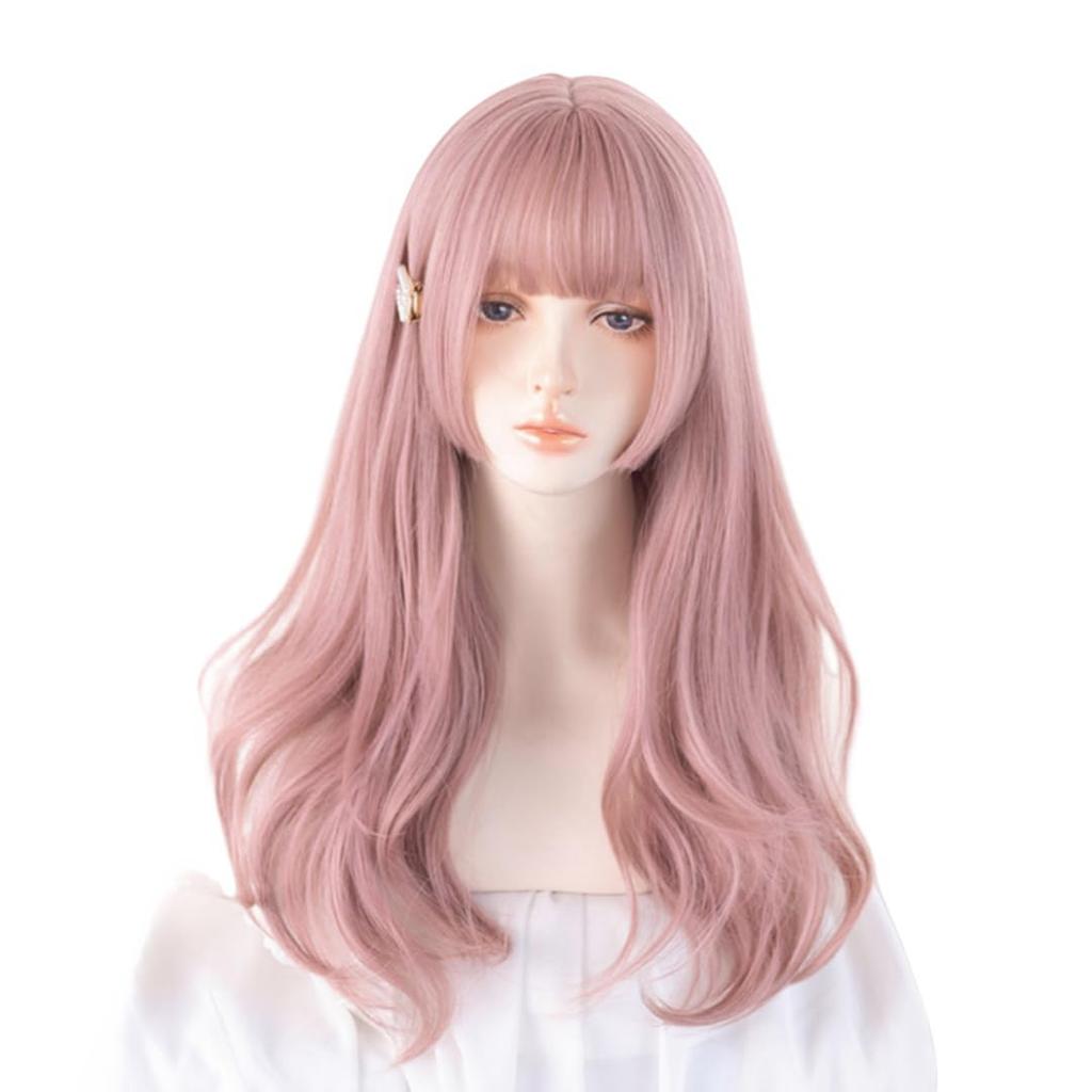 RyuuCos Lolita Long Plunging Pink Curly Light Wisteria Heat School Cultural Festival Wig, Hair, Curly, Bangs, Wig, Hair, Pink, Cosplay, Resistant,