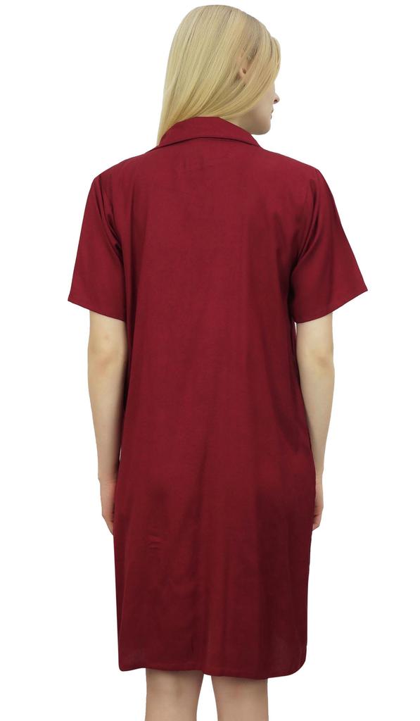 Bimba Women's Nightwear Beige Shirt Short Sleeve Dress With Pockets